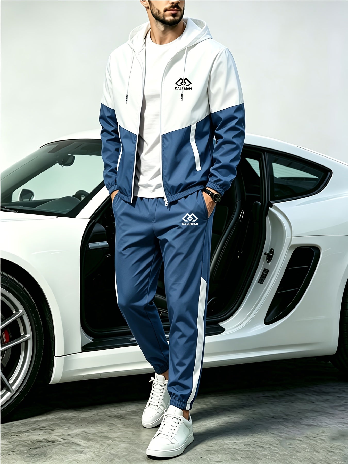Men's Spring-Fall Patchwork Athletic Hooded Jogger Set