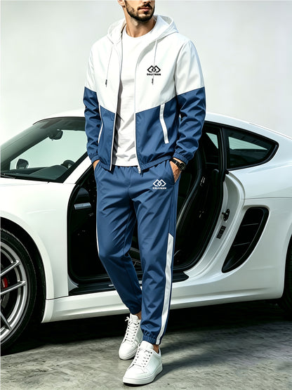 Men's Spring-Fall Patchwork Athletic Hooded Jogger Set