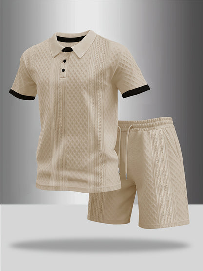 Men's Summer Casual Polo Shirt & Shorts Set with Geometric Print