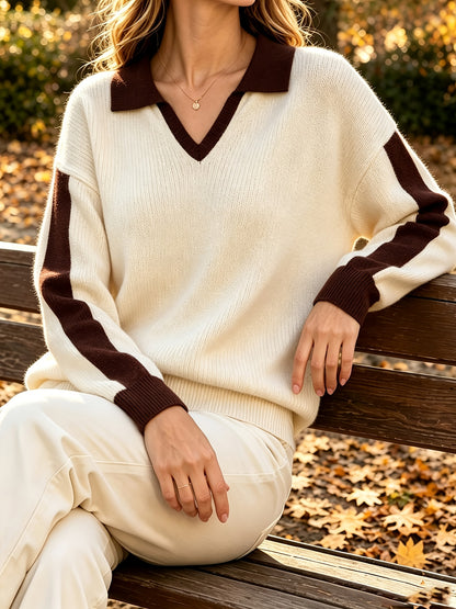 Women's Casual Lapel Collar Sweater with Contrast Stripe