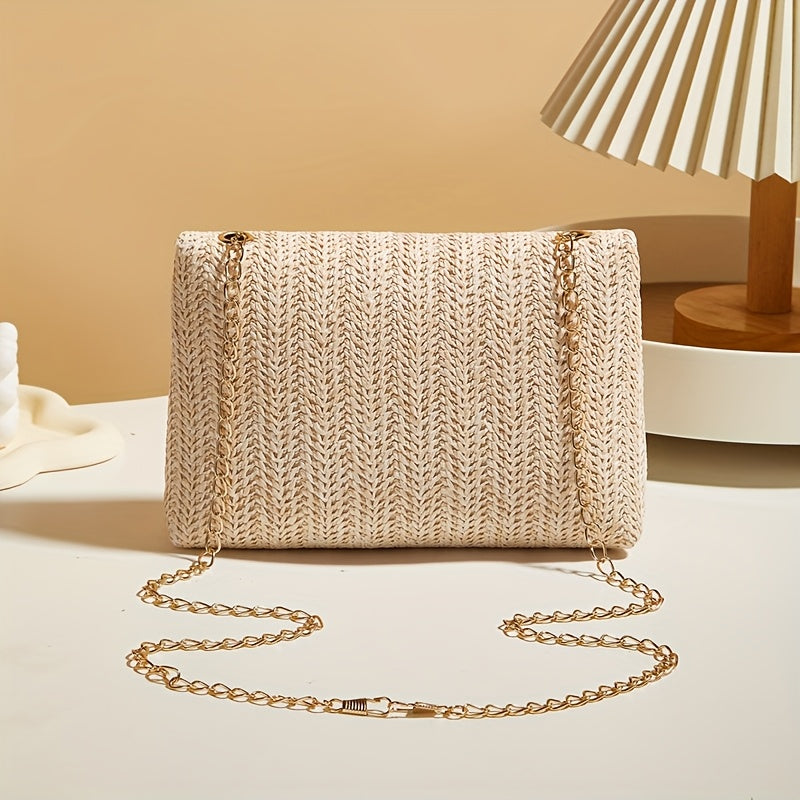 Crossbody Bag for Women Chain Strap Summer Beach Straw Flap Handbag Stylish Accessory Shoulder Bag for Day-to-Night Outfits