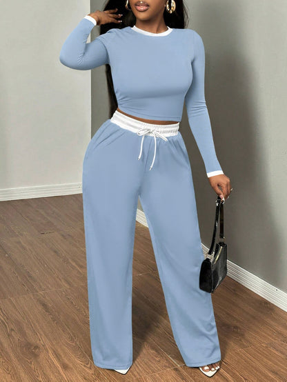 A Two-Piece Set Featuring a Sexy Color-Block Round-Neck Long-Sleeve T-Shirt Paired with High-Waisted Belted Trousers - ayq