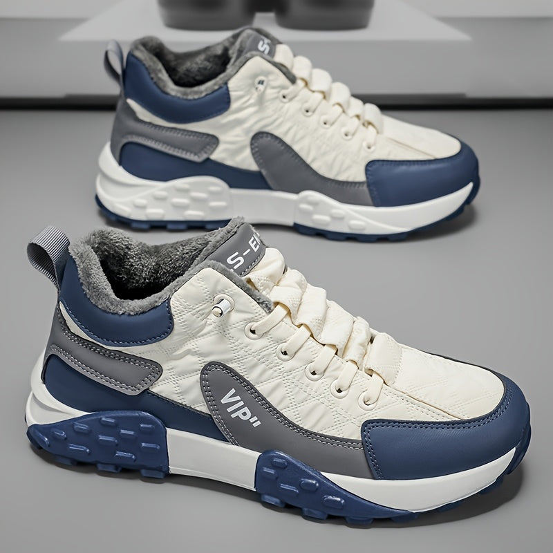 Men'S Stylish Color-Block Plush-Lined Winter Sneakers - Warm, High-Stability Running Shoes with Lace-Up Closure, Geometric & Solid Color Design, Synthetic & Fabric Upper, PVC Sole for Casual & Outdoor Activities, Winter Sneak