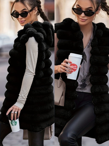 Women'S Cozy Faux Fur Hooded Vest - Sleeveless, Black, Casual Style, Perfect for Fall/Winter, Casual Winter Wear | Hooded Vest | Soft Texture Vest