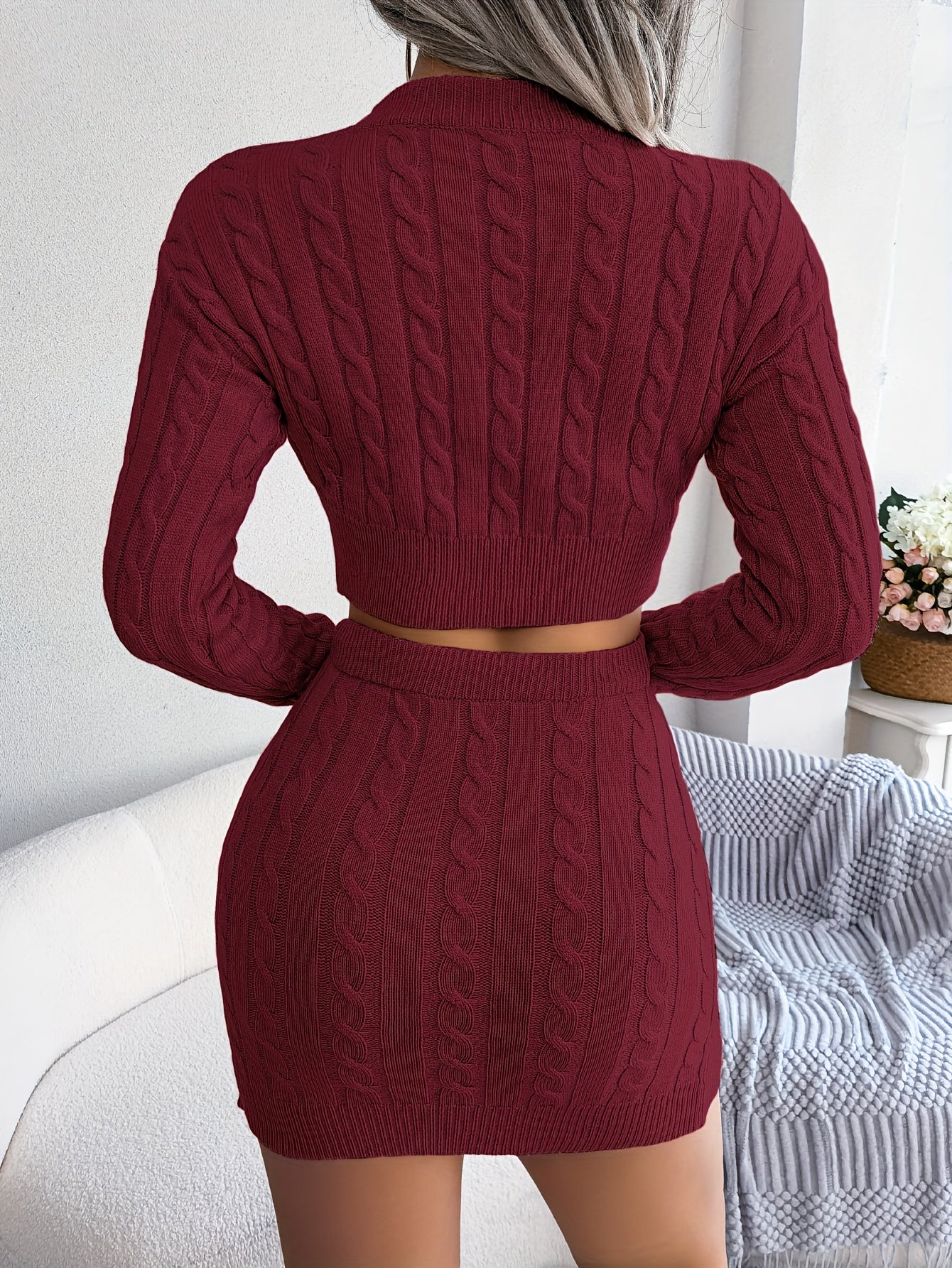 Autumn-Winter European and American Street Style Twist Crop Top Sweater and Hip-Wrapped Skirt Set