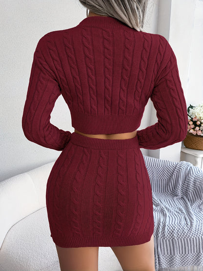 Autumn-Winter European and American Street Style Twist Crop Top Sweater and Hip-Wrapped Skirt Set