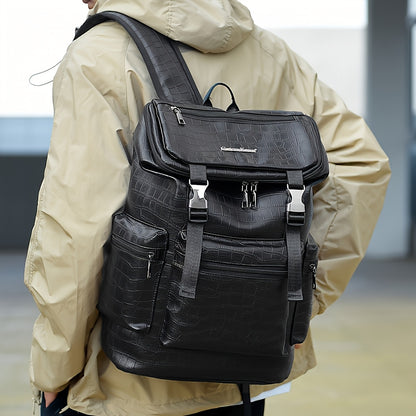 Unisex Backpack with Crocodile Texture, Large Capacity, Anti-Theft, Multi-Compartment, Fits 14-inch Laptop, Casual Travel  Business Commute, Minimalist Style, No Battery - Black