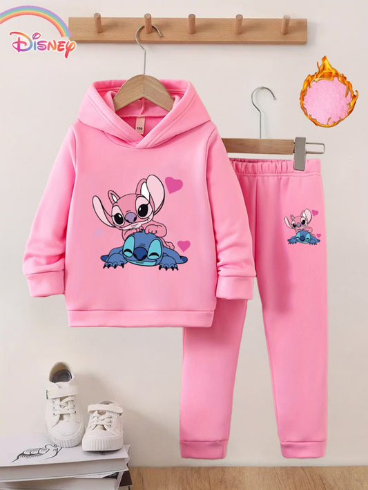Series Stitch Girls' Two-Piece Autumn Winter New Hoodie Set - Available in Multiple Colors, Cartoon Print Embellishments, 3-10 Years Old, Outdoor Activity Fleece, for Outdoor, Thick