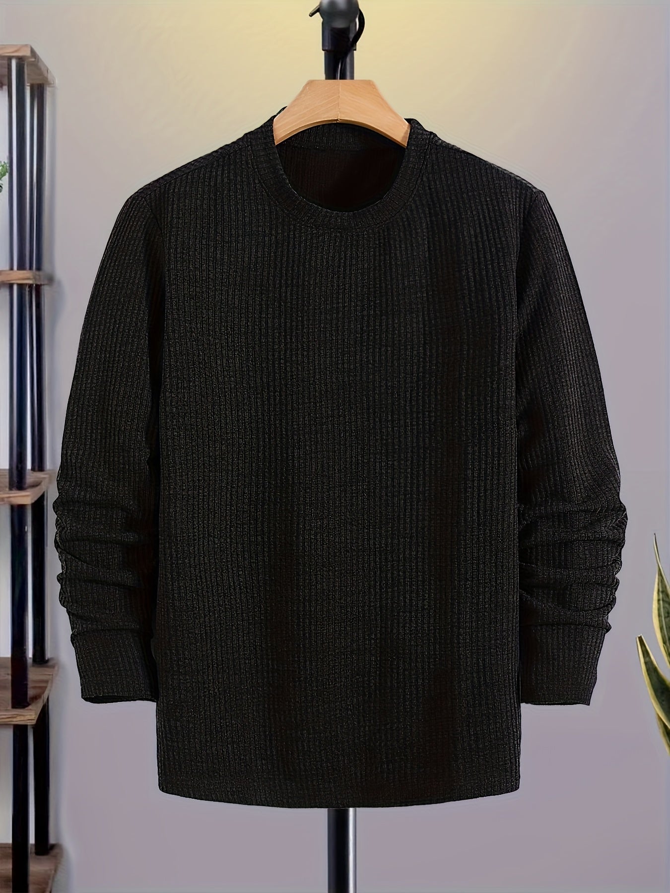 Men's Casual Knit Sweater - Spring/Fall Ribbed Crew Neck Top
