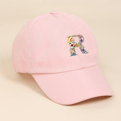 Adjustable Pink Baseball Cap for Kids with Floral Alphabet Design