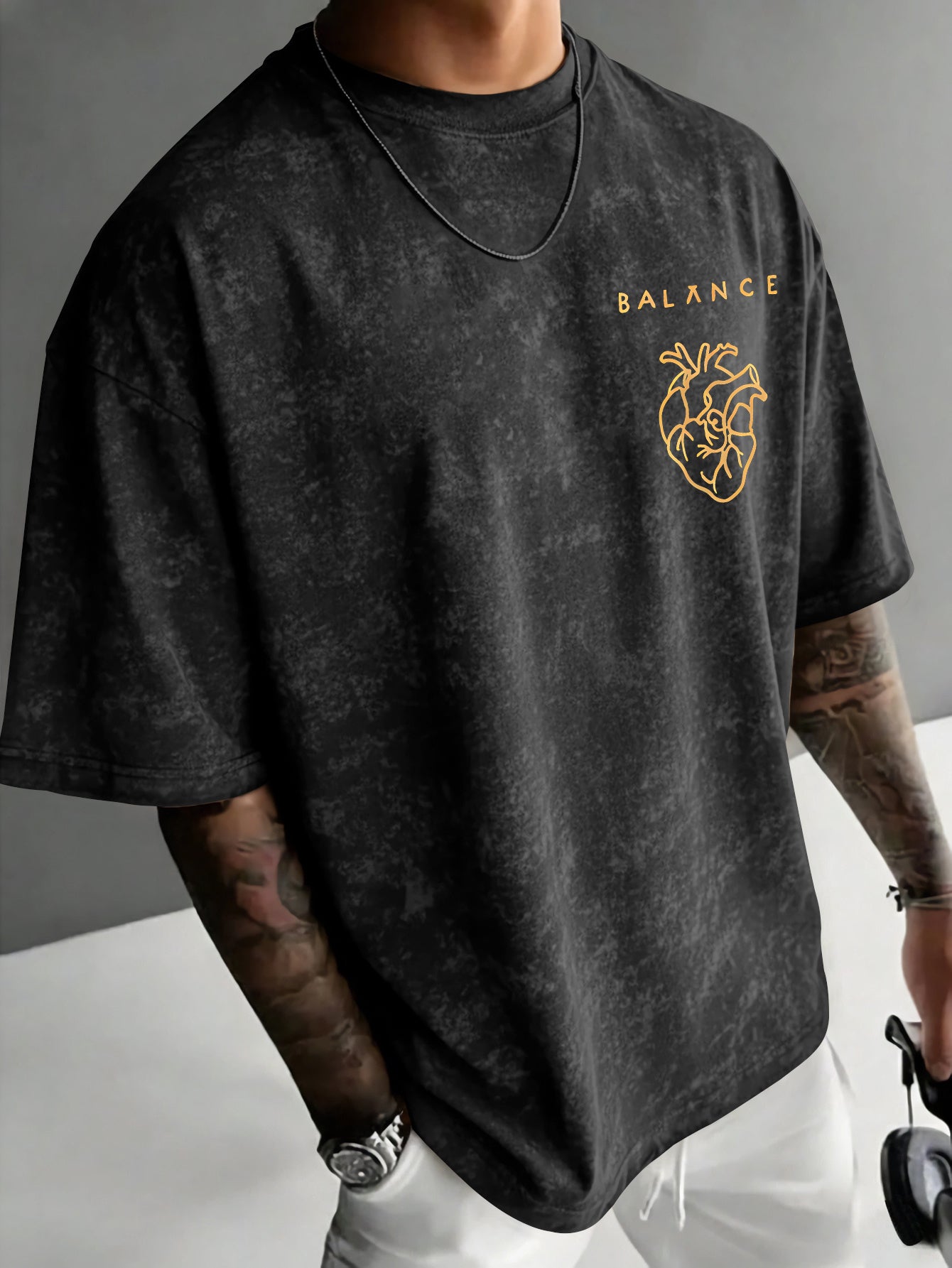 Men's Casual Geometric Print Acid Wash Crew Neck T-Shirt