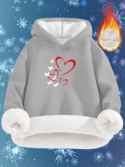 Women'S Cozy Fleece-Lined Hoodie with Heart & Butterfly Print - Long Sleeve, Warm Pullover for Fall & Winter, Machine Washable, Soft, Casual Outdoor Wear, & Camping, All-Season Comfort, Casual Winter Wear | Cozy Hoodie | Soft