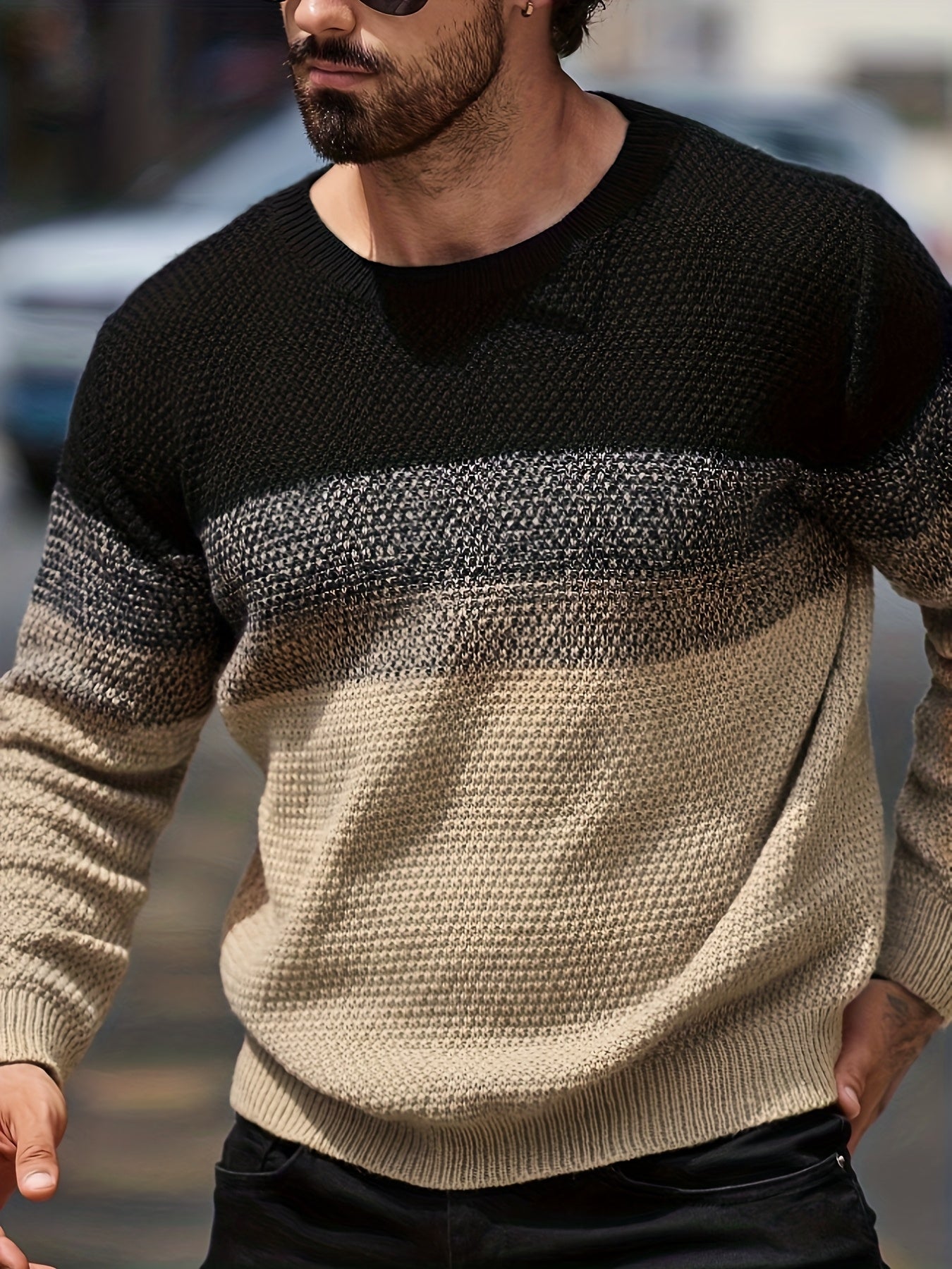 Men's Winter Gradient Color-Block Knit Sweater - Loose Fit Style Ombre Blending (Warm Round Neck Pullover) for Cold Weather, Casual & Smart-Casual Outfits - Opaque Loose-Fit Top