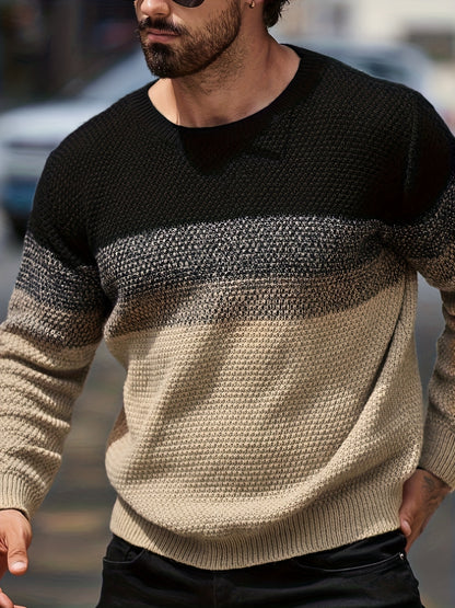 Men's Winter Gradient Color-Block Knit Sweater - Loose Fit Style Ombre Blending (Warm Round Neck Pullover) for Cold Weather, Casual & Smart-Casual Outfits - Opaque Loose-Fit Top
