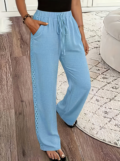 Women's Casual Straight Leg Polyester Trousers with Ruffle Detail