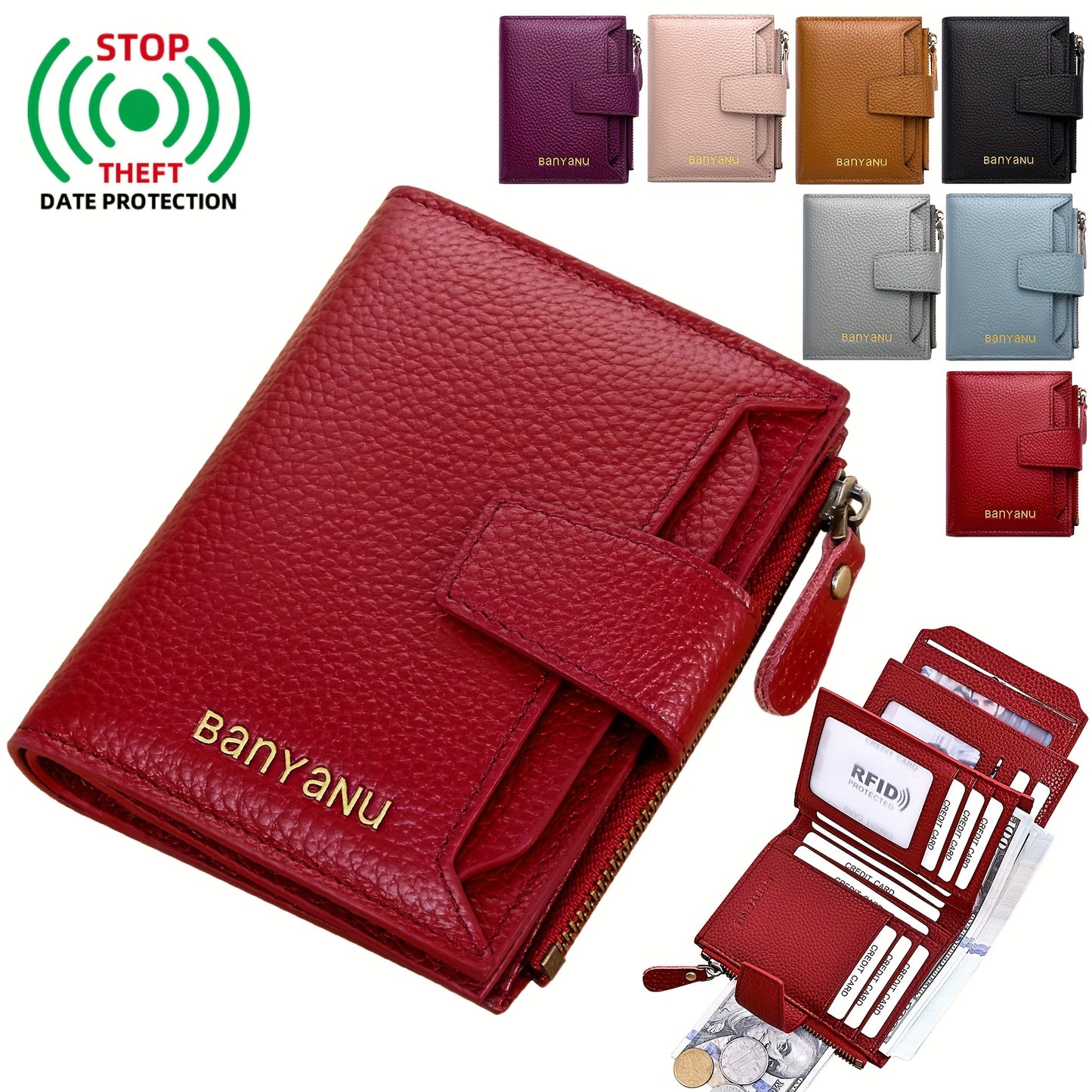 BANYANU Women'S Genuine Faux Leather Wallet - Red Lychee Grain Texture, Multi-Card Slots, Zippered Coin Pocket, Detachable ID Window, Compact Design for Everyday Use, Secure Coin Storage | Stylish Wallet | Synthetic