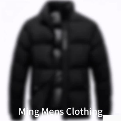 Men's Heavy-Duty Thermal Jacket - Winter Outerwear with Stand Collar & Full-Length Zipper Closure, Black/White Coat with Lettering - Machine Washable Cold Weather Jacket for Men (Casual & Formal) - Ideal for Skiing, Snowboard