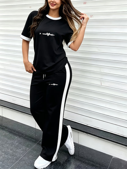 Women's Casual 2-Piece Set with ECG Print - Loose Fit Jogger Outfit
