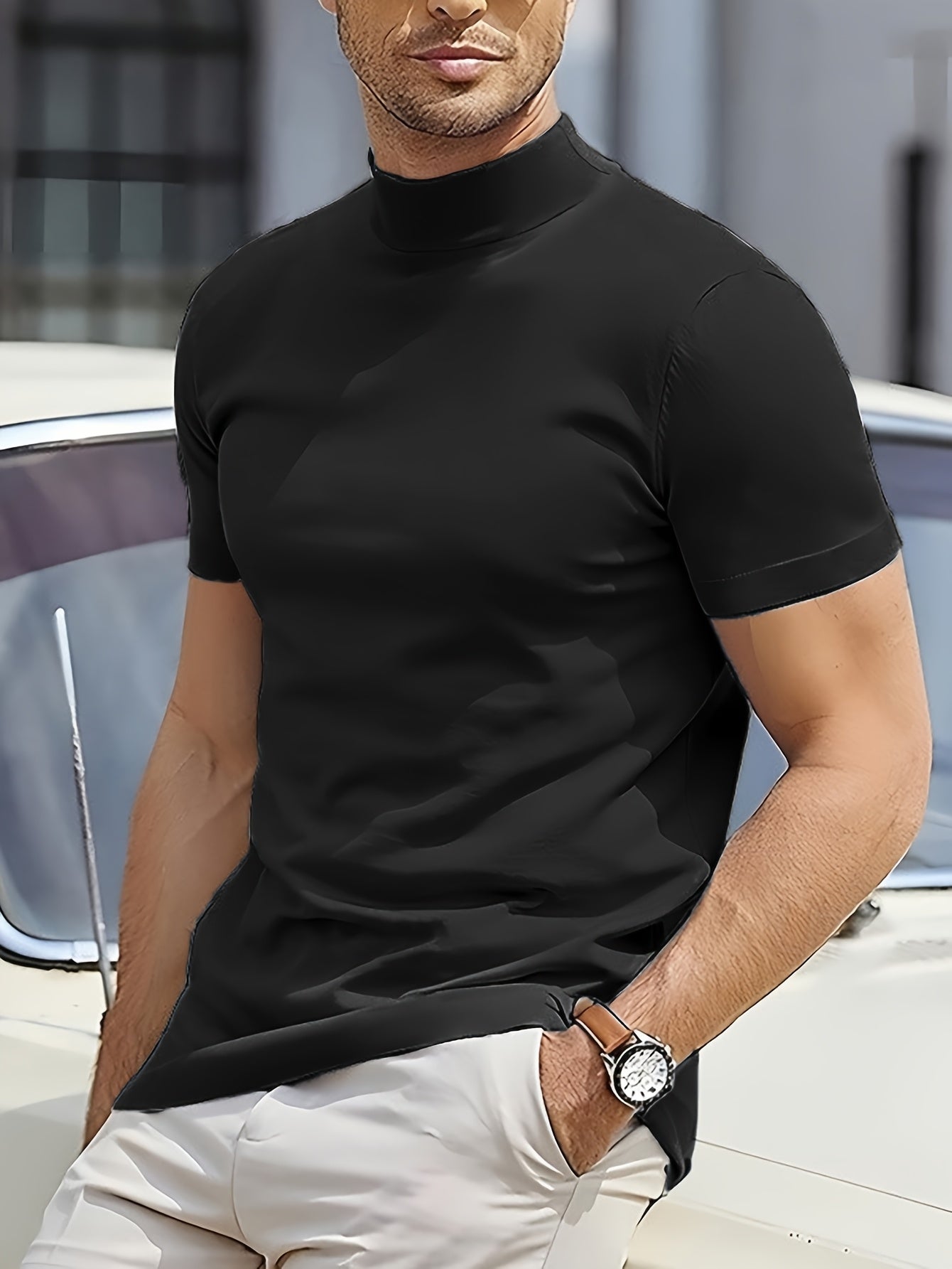 Men's Summer New Basic Solid Color Fashion Simple High-End Casual Sport Comfortable High-Neck Short-Sleeve Top - ayq