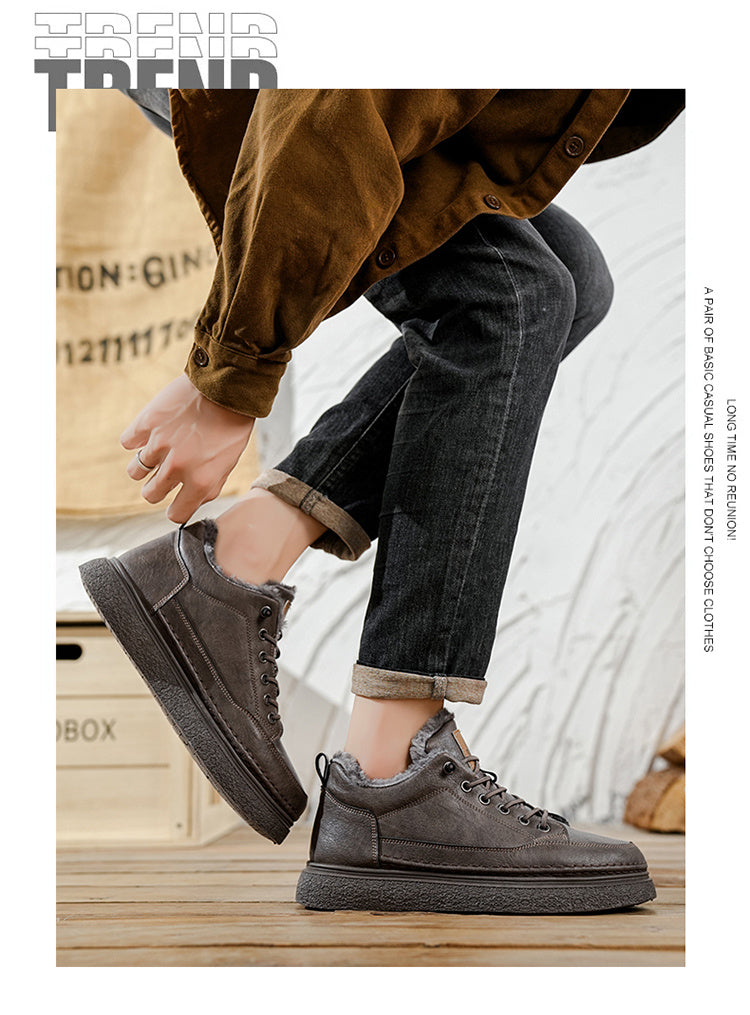 Men's Winter Warm PU -Like Hiking Sneakers with Plush -Like, EVA Cushioned Sole & Rubber Traction Tread - Low-Top Lace-Up Outdoor Shoes for Ice, Snow, Casual Wear (Black/Brown) - Cold Weather