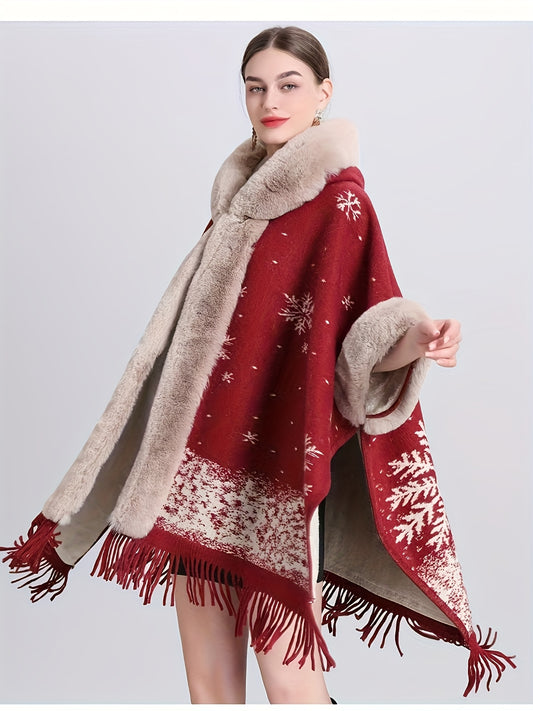 Plus Size, Women's Elegant Red and Beige Christmas Cape - Hooded Winter Cloak with, Non-Stretchy Fabric for Holiday Parties, New Year's Eve, Everyday Winter Outfits - Elegant Special Line, Seasonal Fashion, Stylish Fringe Tri