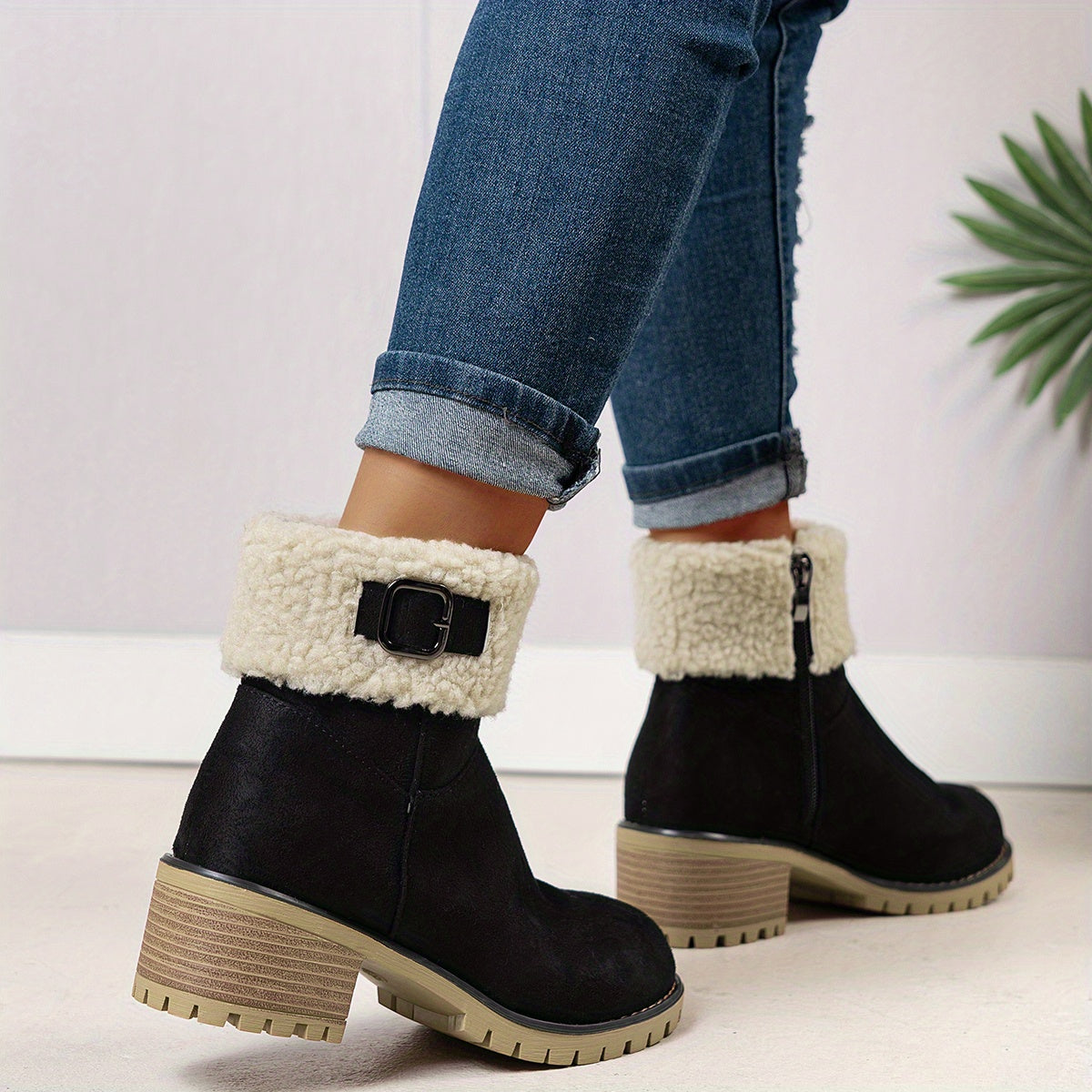 Chunky And Clssic Women'S Ankle Boots, Comfortable And Elegent Woemen Shoes. Warmth Khaki、Black And Beige Winter Women' Boots. Solid-Colored. Fleece-Lined Boots, Heighten And Non-Slip Lighhtweight Shoes with Cute Round Toe.