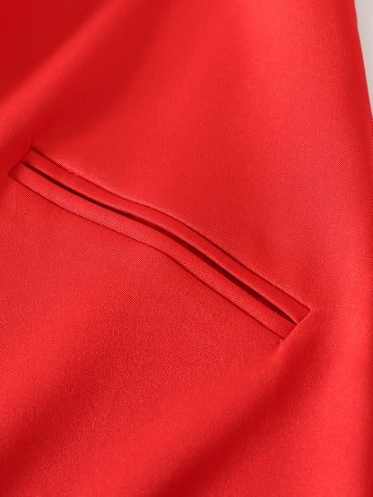 Women's Elegant Red Blazer Jacket - No-Buckle Open Front Long Sleeve Coat, Machine Washable H-Silhouette Solid Color for All-Season Office & Casual Wear