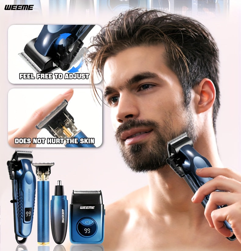 WEEME 4pcs Men's Electric Hair Clipper Set, Beard Trimmer Set, Household Facial Cleansing Set. Hair Cutting, Shaving, Trimming of Nasal Hair, Trimming of Sideburns, Facial Hair Cleaning. USB Charging. for Household Use, Vehic - ayq