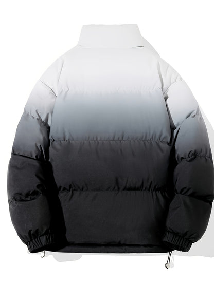 1pc Men'S Street Style Stand Collar Coat, Alphabet Print, Regular Fit, Drawstring Detail, Non-Stretch Woven Polyester, 100% Polyester Filler, Long Sleeve Casual Warm Gradient Jacket for Autumn and Winter