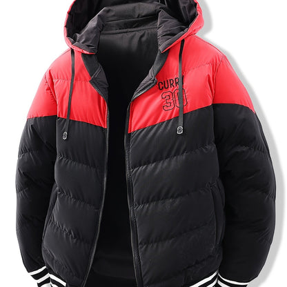 Men's Modern Streetwear Hooded Jacket with Embroidered Lettering, Color-Block Design, Removable Hood & Polyester Fill - Machine Washable Long Sleeve Coat with Pockets for Fall Winter Casual Wear