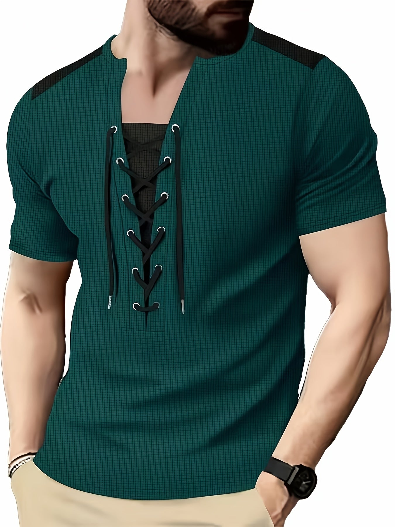 Men'S Casual Waffle Knit Short Sleeve T-Shirt with Drawstring Detail - Maroon  Black, Round Neck, Breathable Polyester Fabric for Summer Outings, Casual Weekend Wear   Round Neck Tee   Stylish Contrast Stitchin