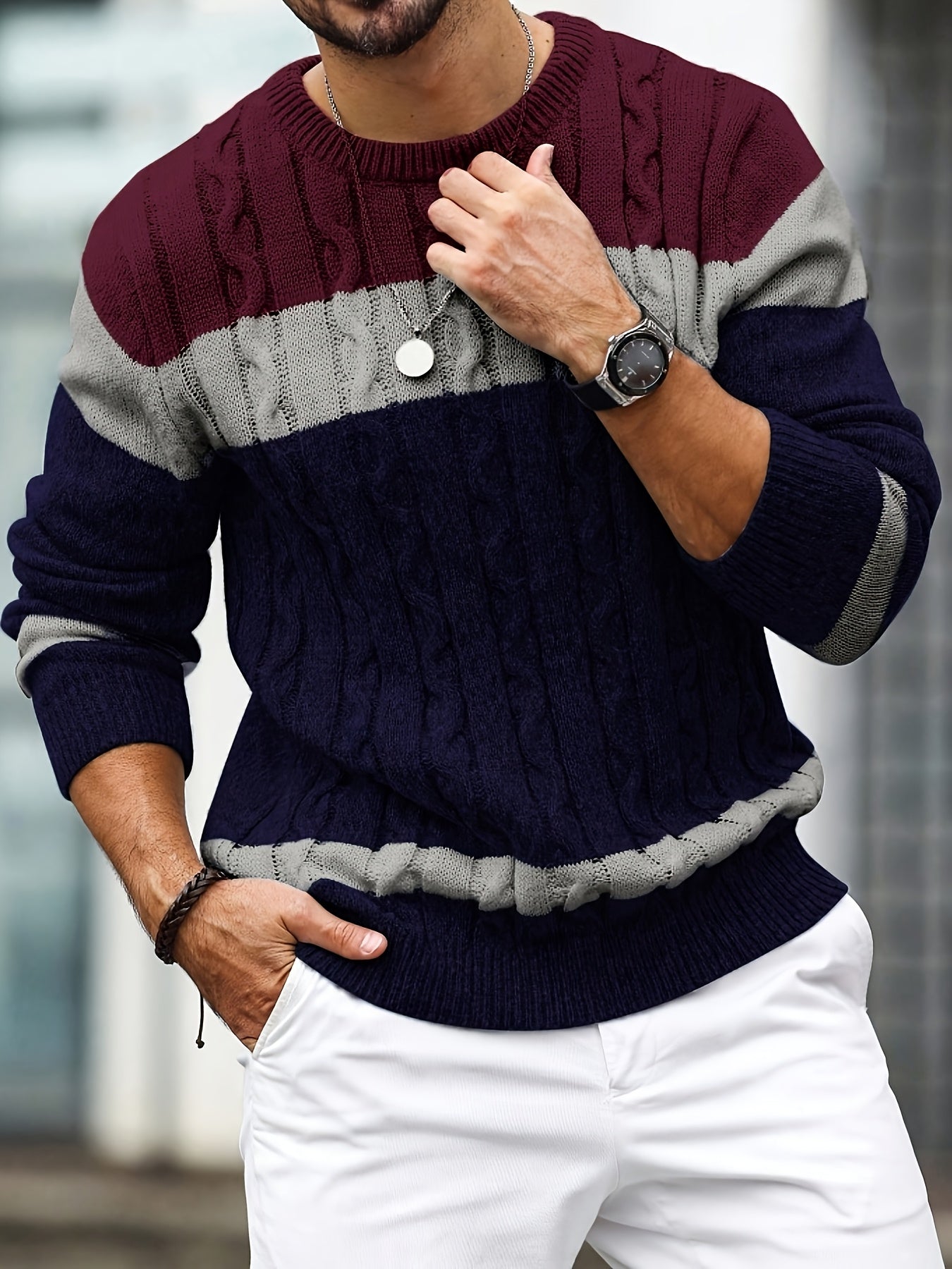 Men's Autumn/Winter Casual Color-Block Twist-Knit Pullover Sweater