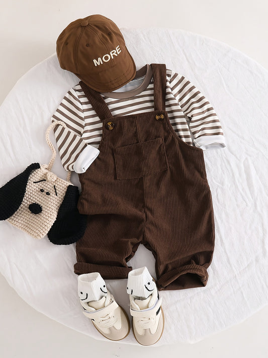 Baby Boys' Coffee-Stripe Long-Sleeve Overalls Set, Casual 2-Piece - ayq