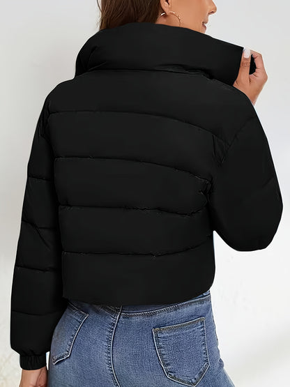 Women'S Lightweight Winter Jacket - Elegant Black Quilted Coat with Stand Collar, Long Sleeves, and Button Front, Perfect for Cold Weather, Stylish Outerwear, Sleek Fabric Design