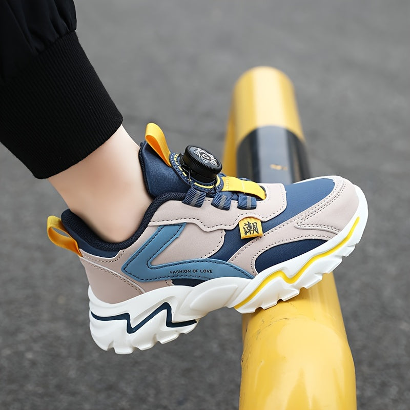 Boys' Fashion Sneakers with Striped Design - Casual Sports Running Shoes with Rotary Buckle Closure, Low Top PU Upper, Fabric Lining, EVA Sole, All-Season Comfort for Daily Wear - Tassel Detail, Round Toe for Ages 14 and Unde