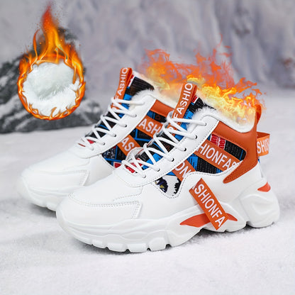 Women's Geometric Waterproof Snow Sneakers, Shock-Resistant Microfiber Upper, Flannel Lined, EVA Sole, Autumn & Winter High-Top Plush Fashion Shoes from Quanzhou