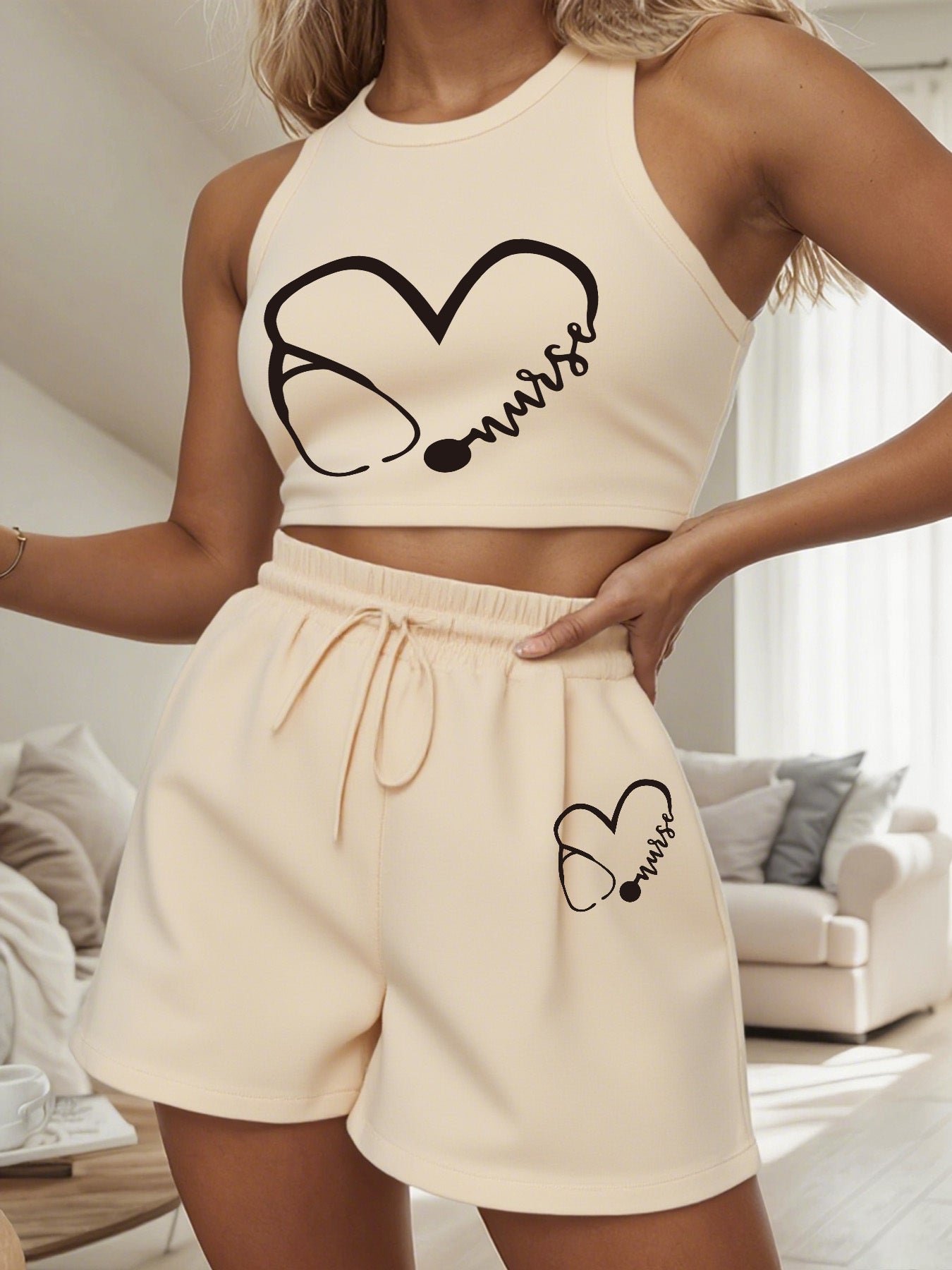 Women's Casual Vest and Shorts Set with Drawstring Detail