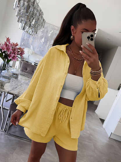 Women's Cotton Cardigan & Shorts Set Casual Long Sleeve