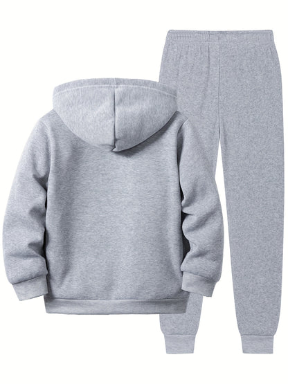 2pcs children's autumn and winter velvet zipper hooded shirt + pants, letter print boys' fashionable casual sports suit, suitable for jogging and daily wear