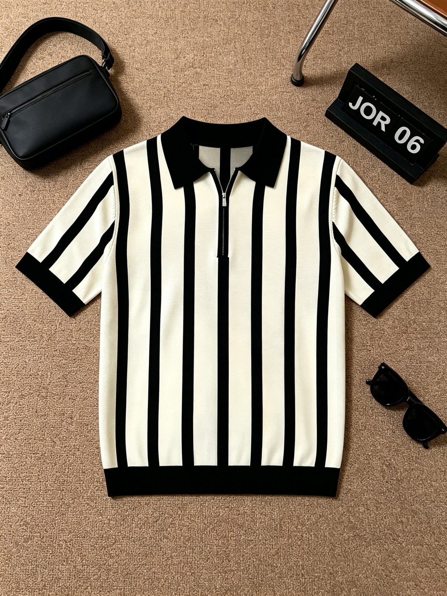 Men's Slim Fit Vertical Stripe Knit Polo with Half-Zip Collar