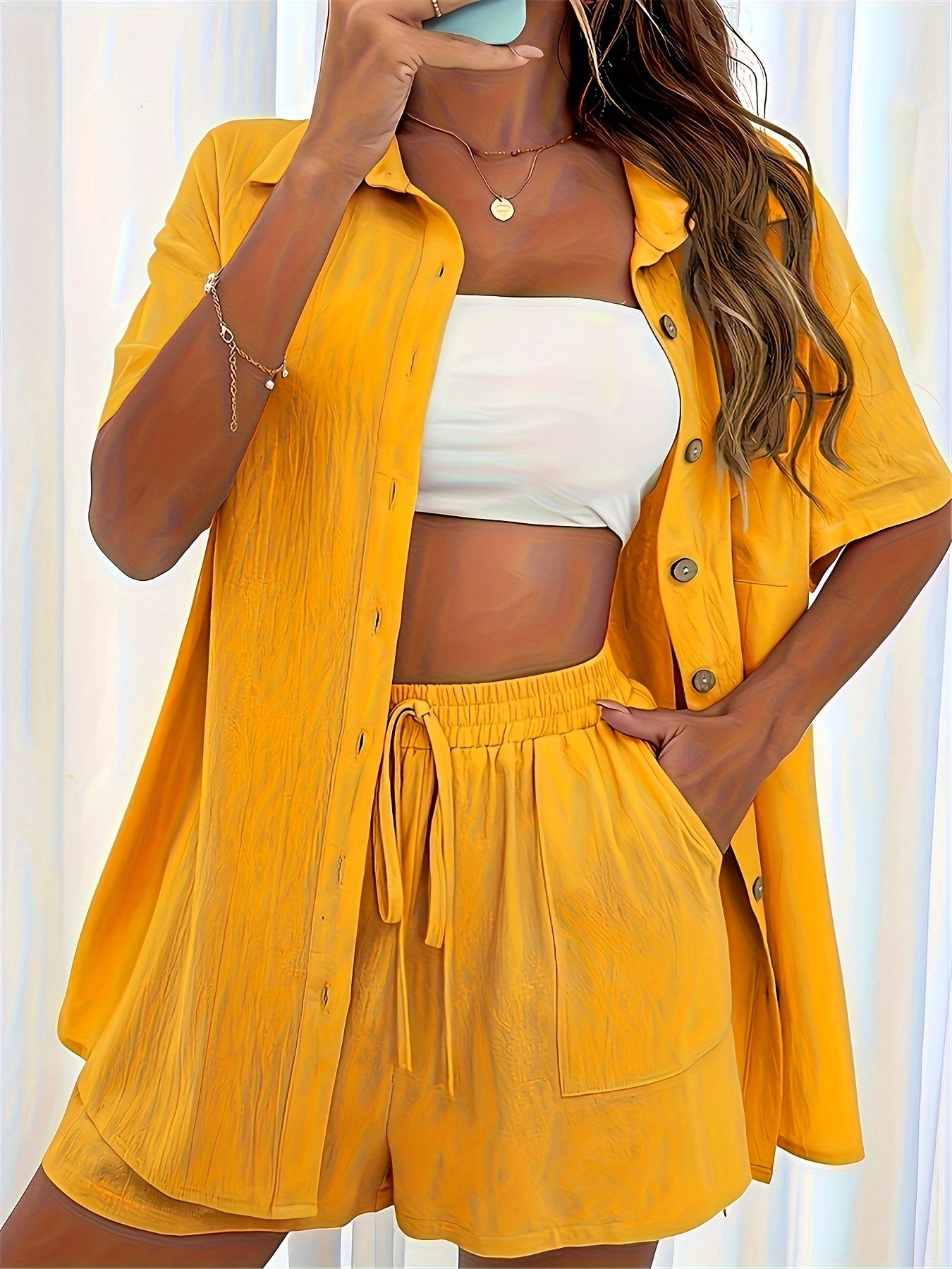 Women's Casual Two-Piece Set: Button-Up Shirt & Drawstring Shorts