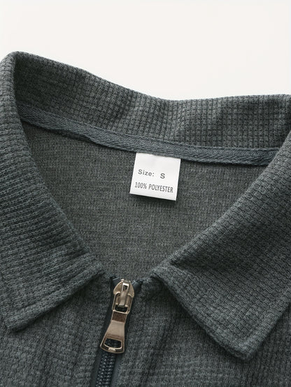 1pc Men'S Casual Polyester Zip-Up Jacket with Lapel Collar, Solid Color, Slight Stretch, Woven Fabric, Regular Fit, No Lining - Spring/Fall Outerwear