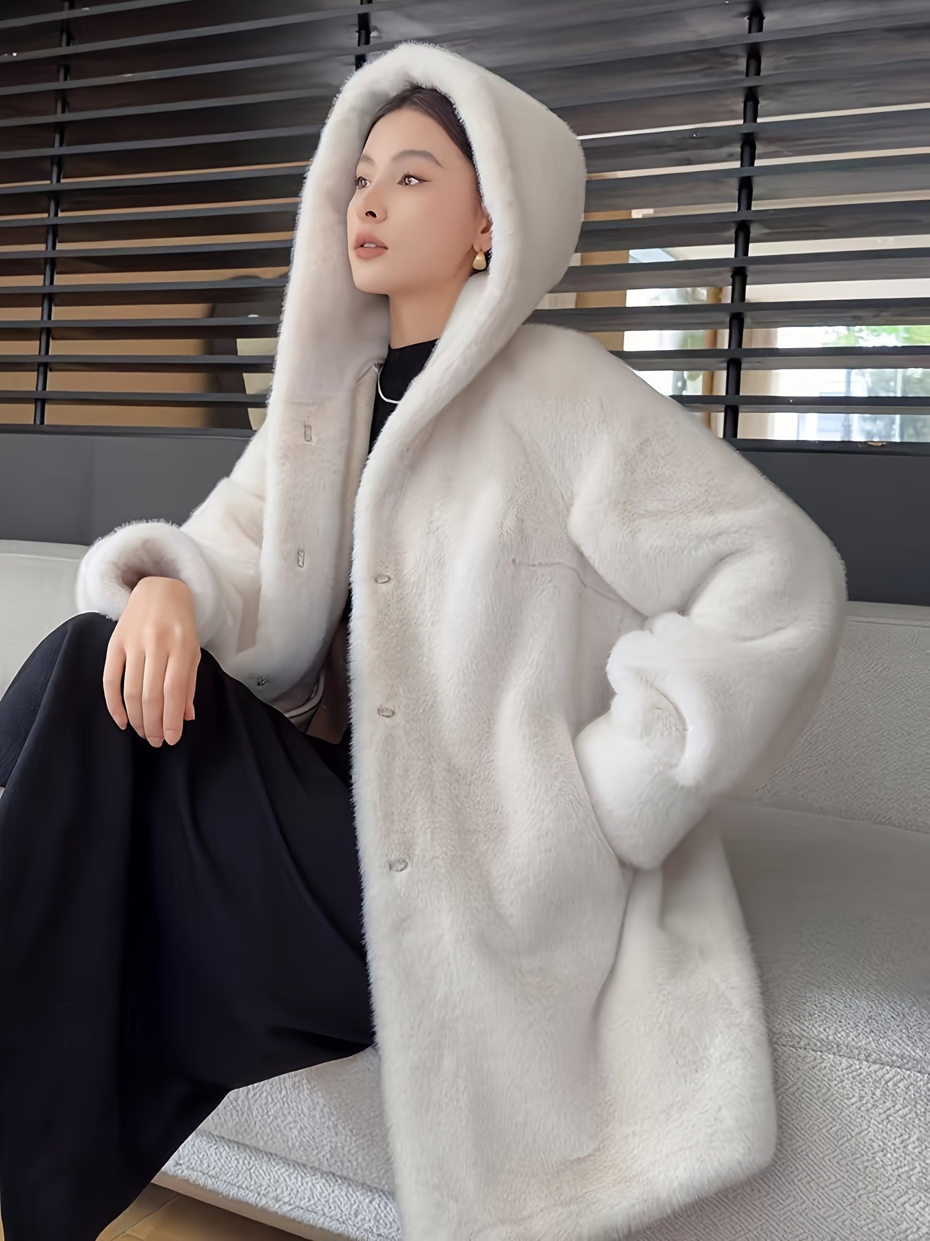 Women's Oversized Faux Fur Coat with Plush Collar & Full-Length Fur Trim - Winter Warm A-Line Mid-Length Jacket, Machine Washable Large Size Winter Coat for Women, Elegant Outerwear for Casual & Formal Events (Solid Black, Br