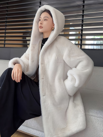 Women's Oversized Faux Fur Coat with Plush Collar & Full-Length Fur Trim - Winter Warm A-Line Mid-Length Jacket, Machine Washable Large Size Winter Coat for Women, Elegant Outerwear for Casual & Formal Events (Solid Black, Br