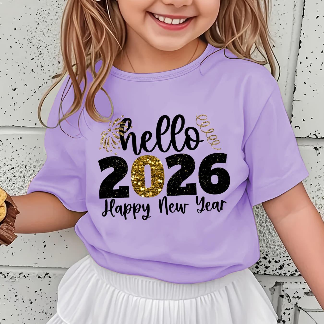 Girls' 2026 New Year T-Shirt - Hello 2026 Happy New Year Graphic Tee with Golden Number 2026, Heart, & Golden Lettering - Lightweight Summer Top for Birthday Party, Girls Clothes
