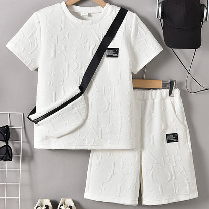 Boys' Stylish White Short Sleeve T-Shirt + Casual Shorts + Fashion Crossbody Bag Set, Perfect for Outdoor