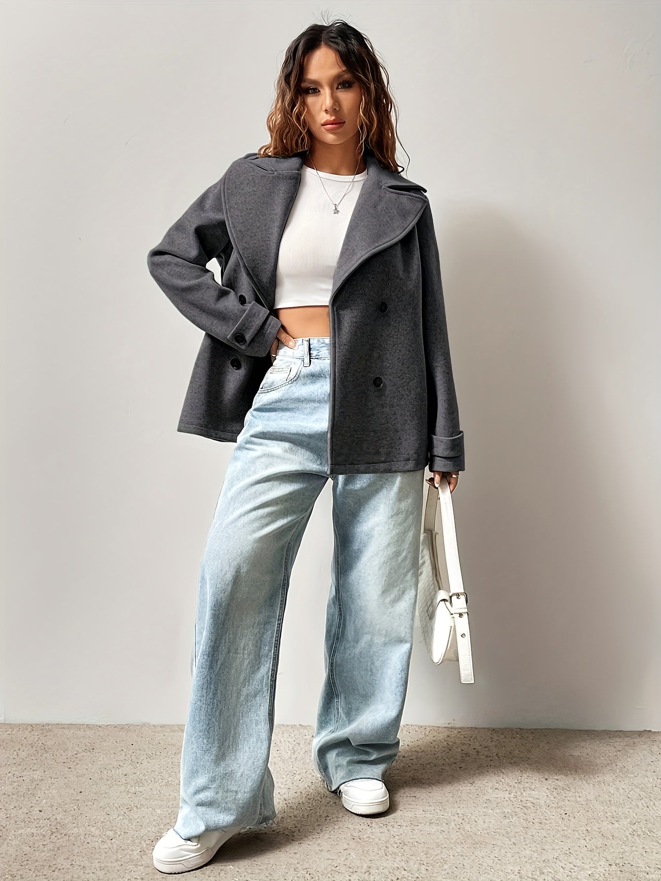 Women's Casual Solid Color Double-Breasted Coat, Autumn/ Winter