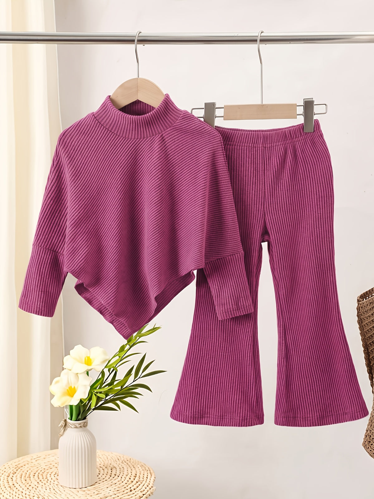 Girls' Fall/Winter Ribbed Pullover & Flared Pants Set - ayq