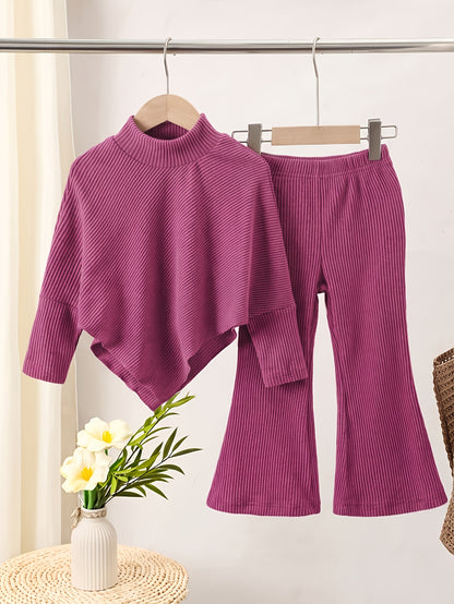 Girls' Fall/Winter Ribbed Pullover & Flared Pants Set - ayq