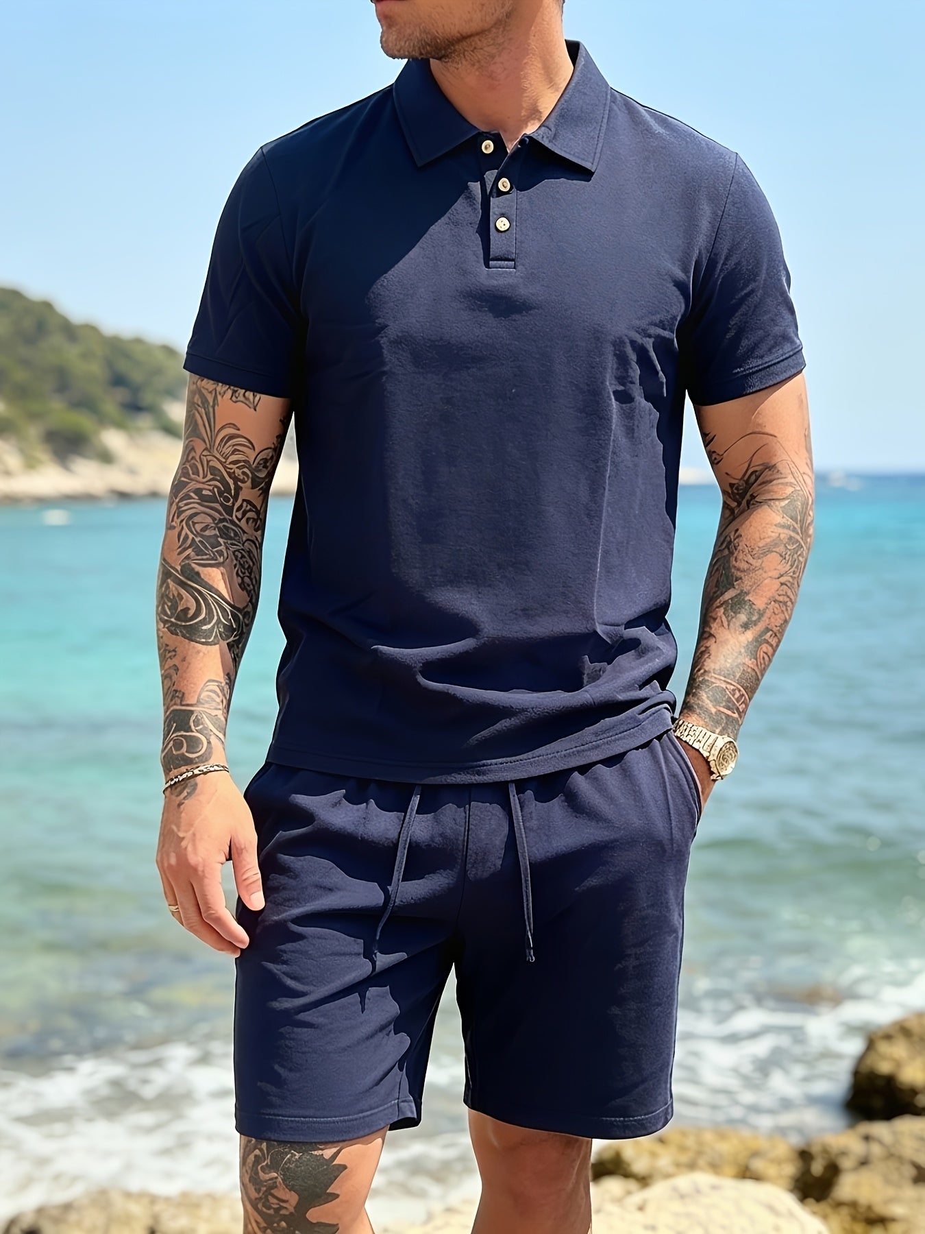 Men's Breathable Linen Polo Shirt & Shorts Summer Set